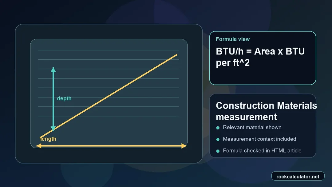 Construction Materials measurement view showing the BTU/h = Area x BTU per ft^2 formula context