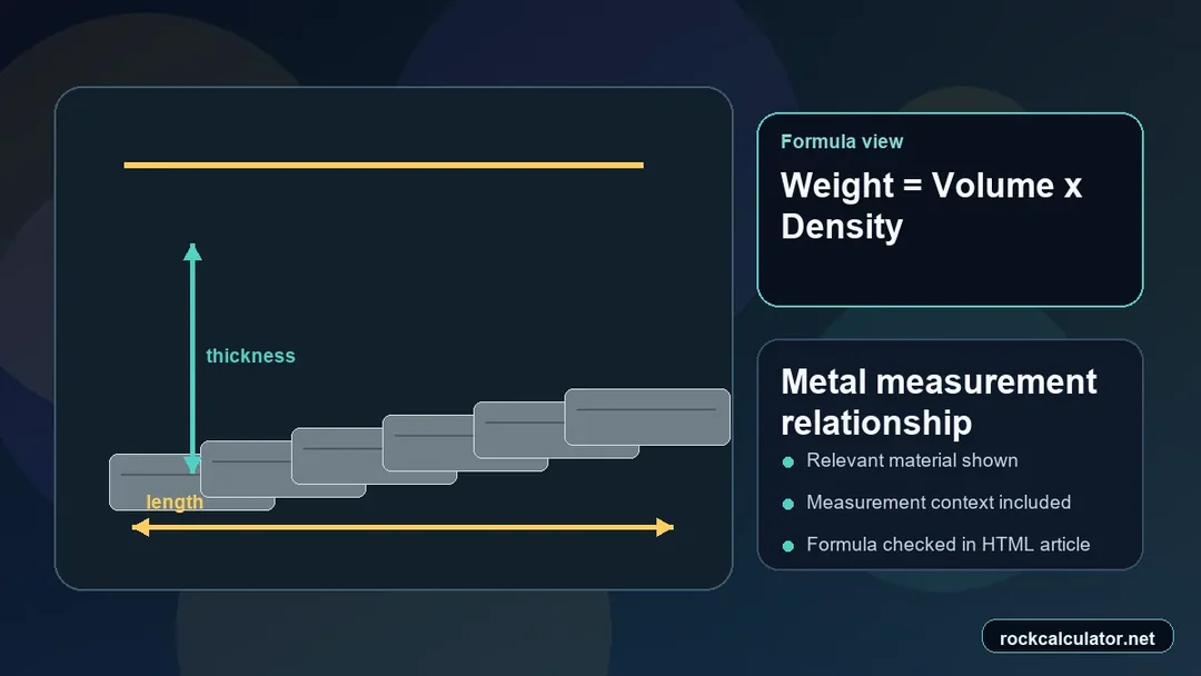 Metal measurement view showing the Weight = Volume x Density formula context