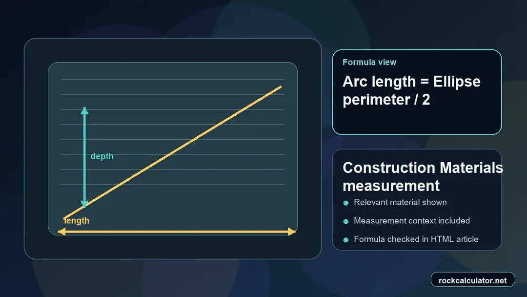 Construction Materials measurement view showing the Arc length = Ellipse perimeter / 2 formula context