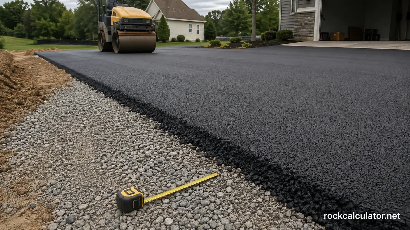 Fresh asphalt driveway over visible aggregate base with roller and measuring tape