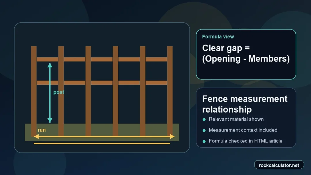 Fence measurement view showing the Clear gap = (Opening - Members) / Spaces formula context