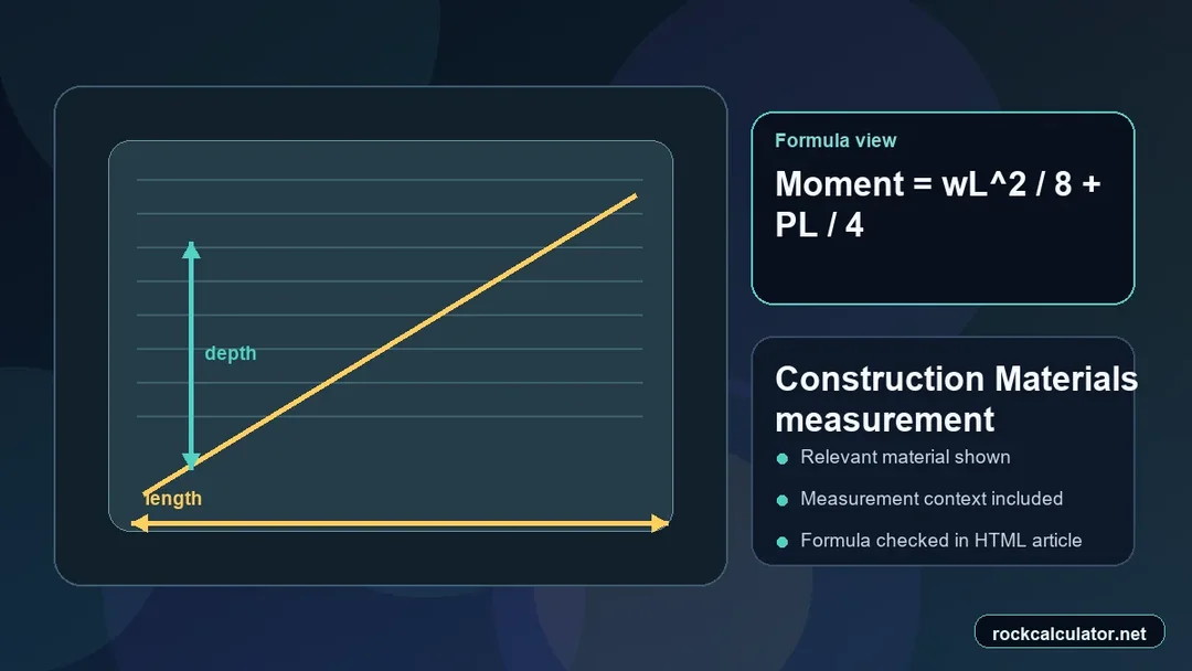 Construction Materials measurement view showing the Moment = wL^2 / 8 + PL / 4 formula context