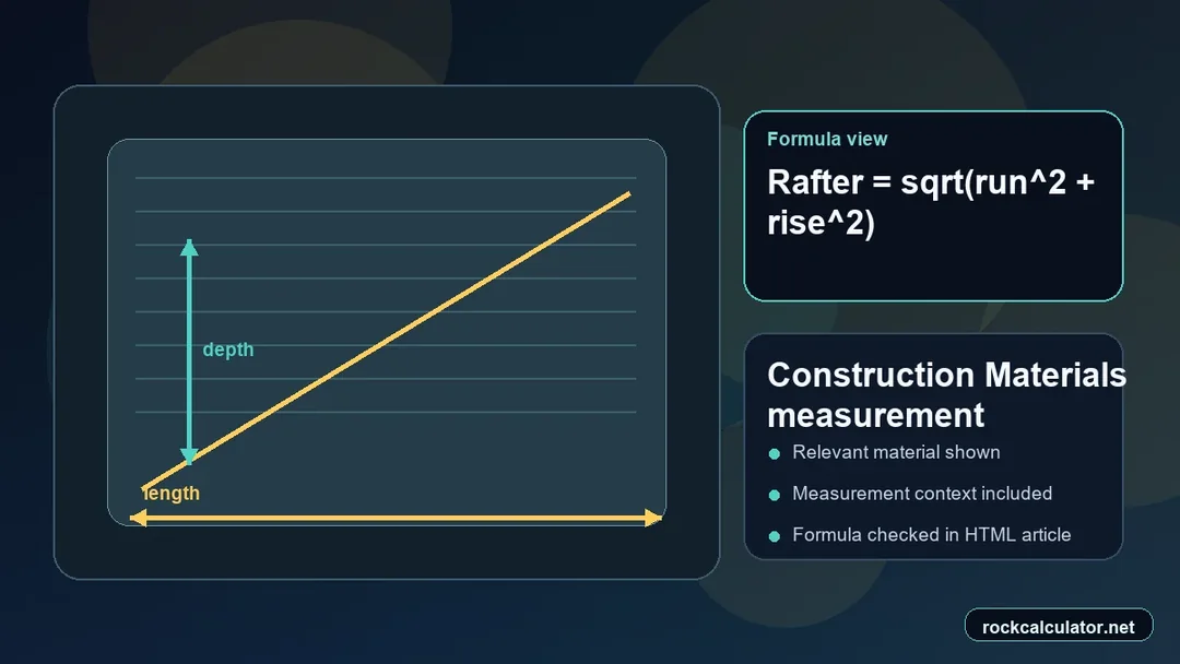 Construction Materials measurement view showing the Rafter = sqrt(run^2 + rise^2) formula context