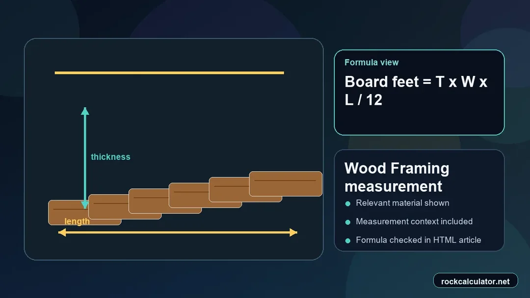 Wood Framing measurement view showing the Board feet = T x W x L / 12 formula context
