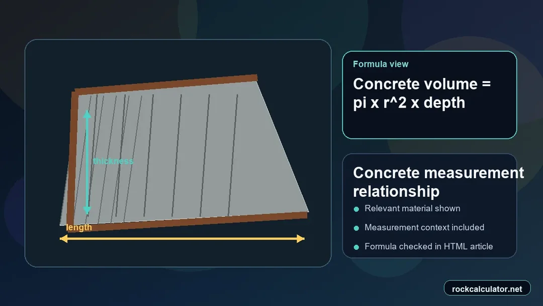 Concrete measurement view showing the Concrete volume = pi x r^2 x depth formula context