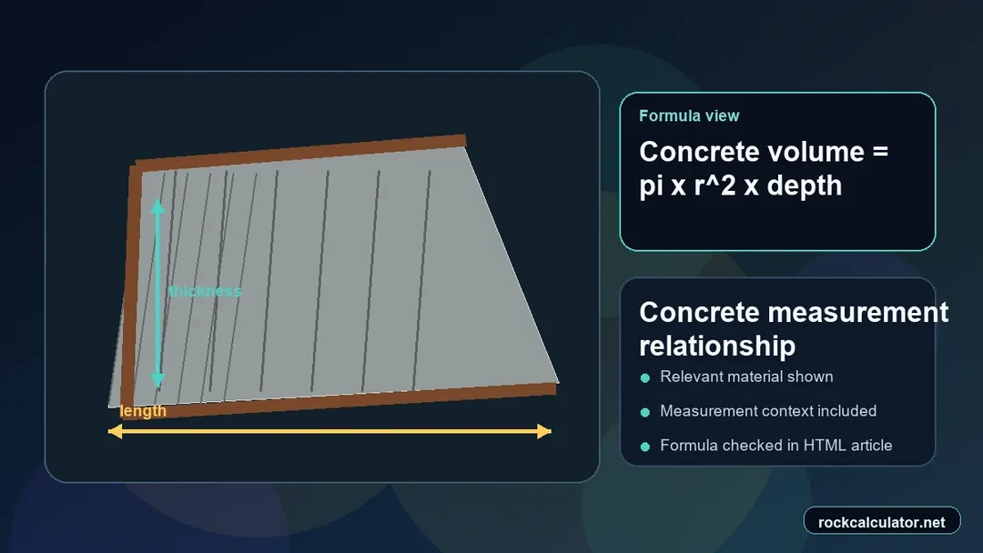 Concrete measurement view showing the Concrete volume = pi x r^2 x depth formula context