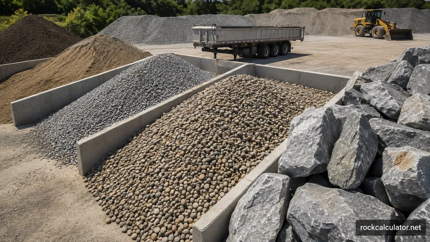Aggregate supplier yard with separate piles of sand, crushed stone, rounded gravel, and riprap