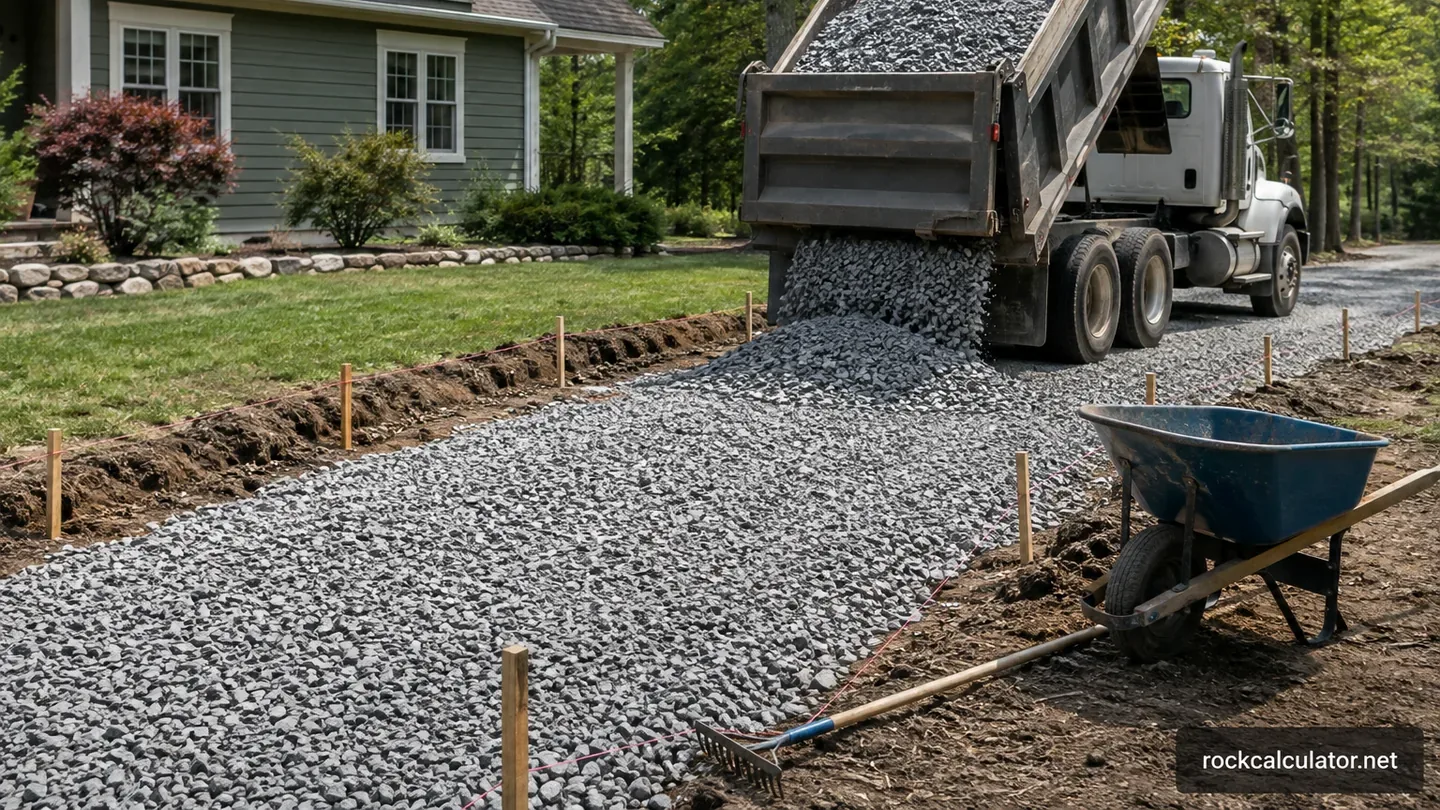 Crushed stone delivery spread within a measured residential driveway layout
