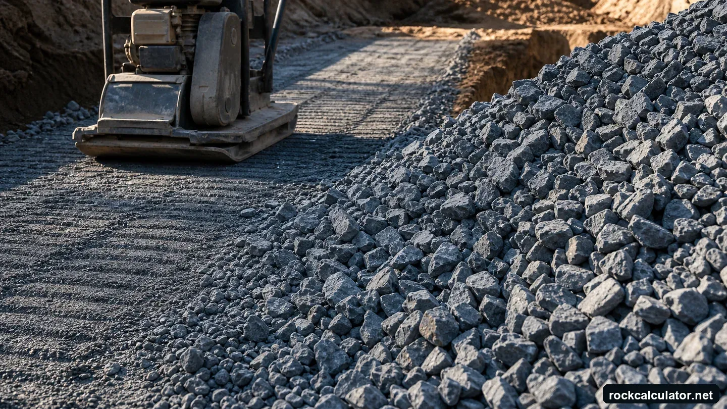 Crushed stone driveway installation with angular aggregate, wheelbarrow, rake, and layout line