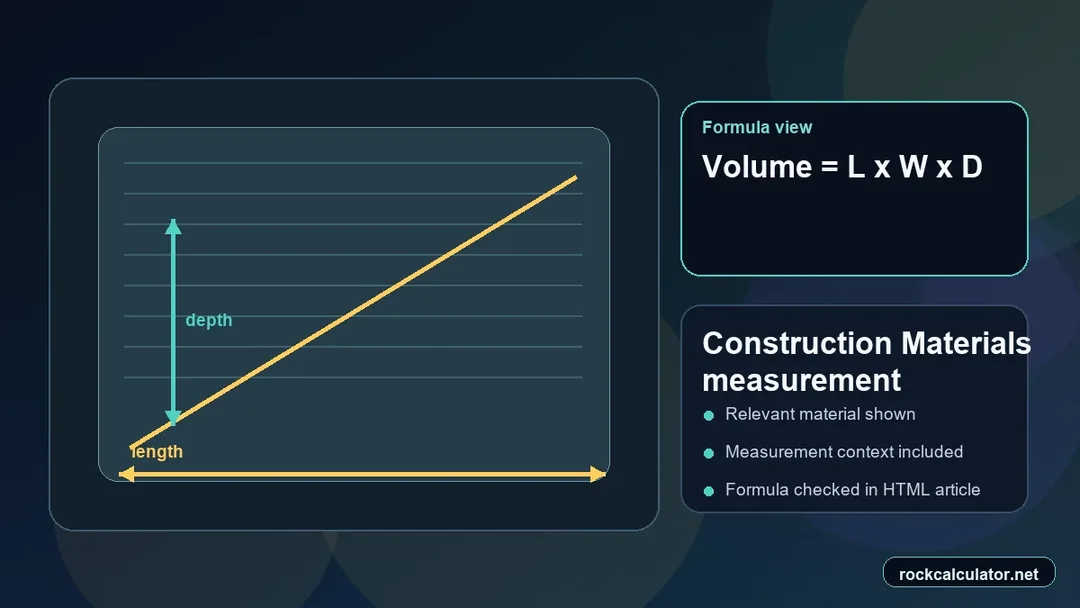 Construction Materials measurement view showing the Volume = L x W x D formula context