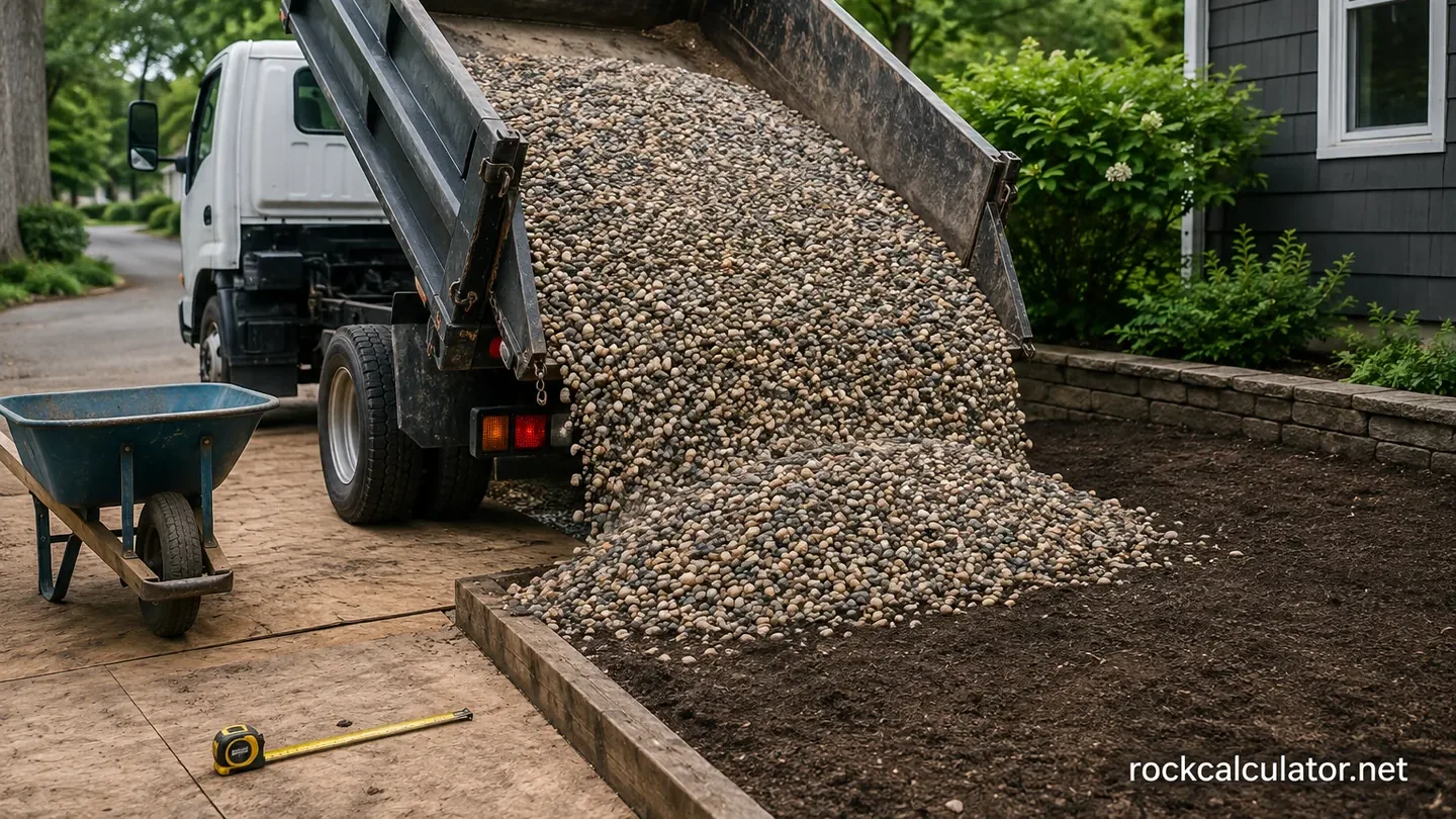 One cubic-yard landscape gravel delivery beside a measured garden bed