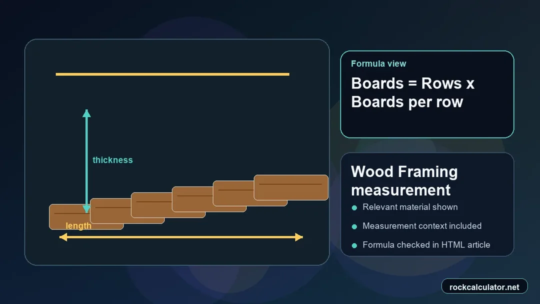 Wood Framing measurement view showing the Boards = Rows x Boards per row formula context