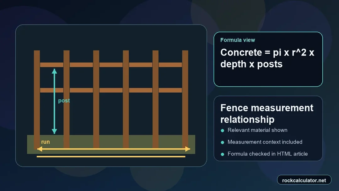 Fence measurement view showing the Concrete = pi x r^2 x depth x posts formula context