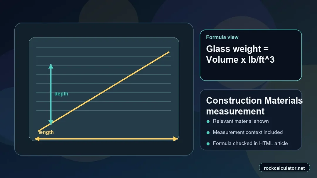 Construction Materials measurement view showing the Glass weight = Volume x lb/ft^3 formula context