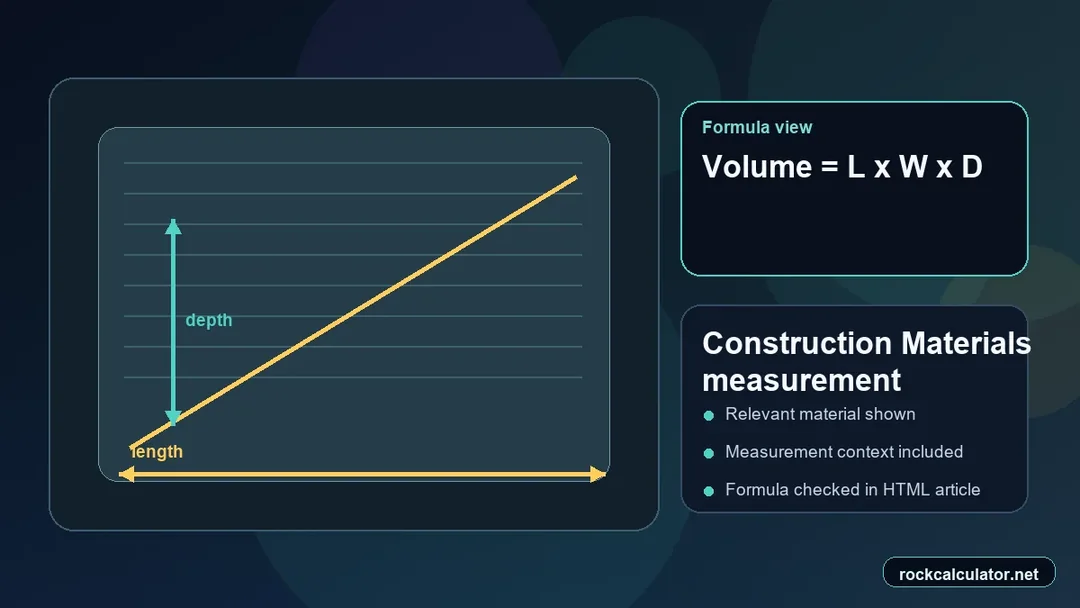 Construction Materials measurement view showing the Volume = L x W x D formula context
