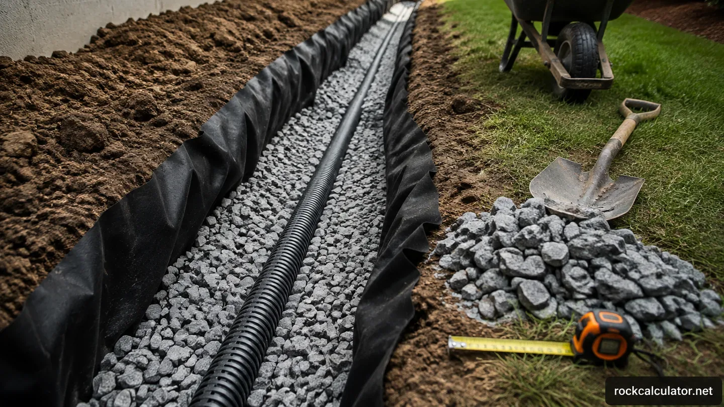 French drain trench lined with fabric and filled with clean drainage stone around perforated pipe