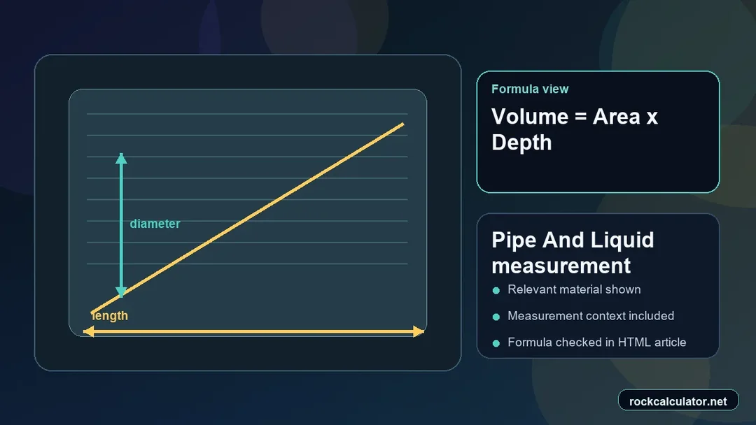 Pipe And Liquid measurement view showing the Volume = Area x Depth formula context