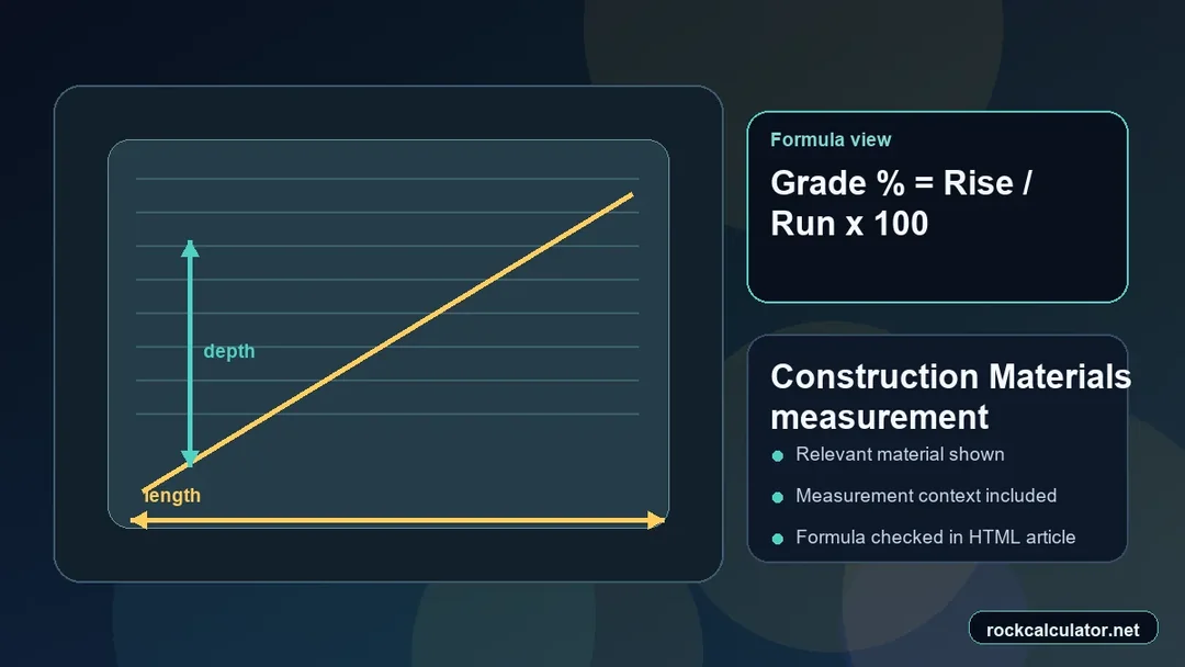 Construction Materials measurement view showing the Grade % = Rise / Run x 100 formula context