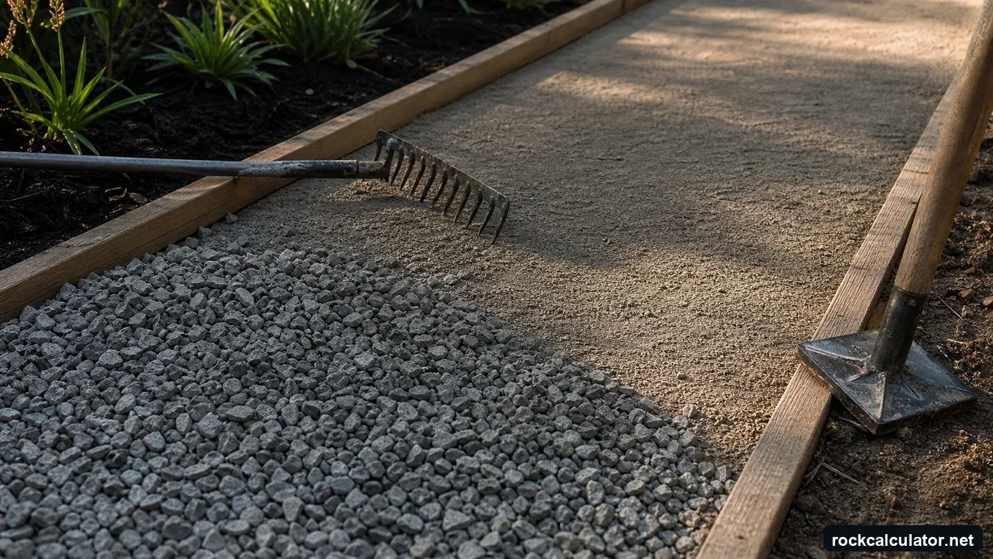 Granite aggregate path installation with compacted angular chips and measuring tools