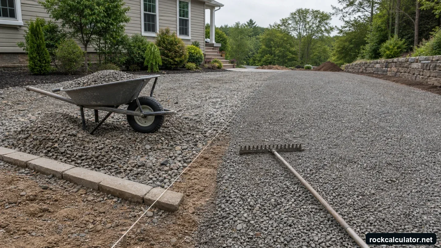 Residential gravel driveway installation with wheelbarrow, rake, and layout string