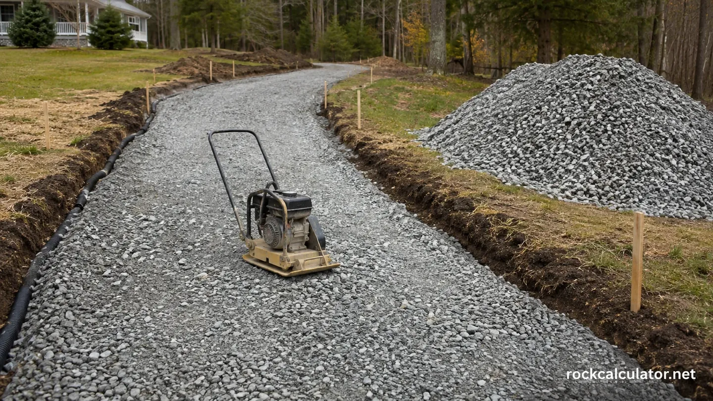 Gravel driveway base under construction with compactor, grade stakes, and delivery pile