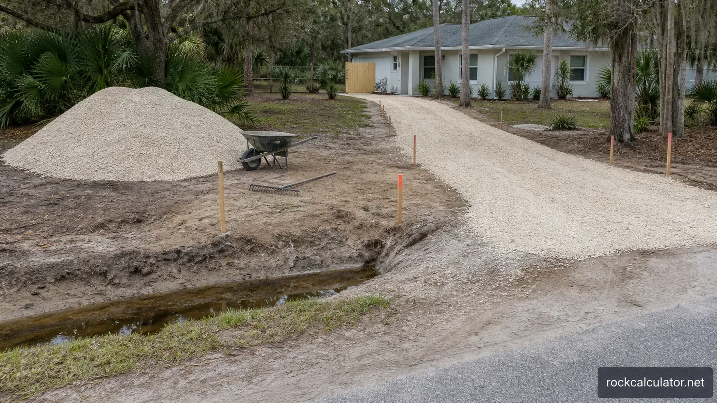 Light-colored crushed-limestone driveway beside a Florida home and roadside drainage swale