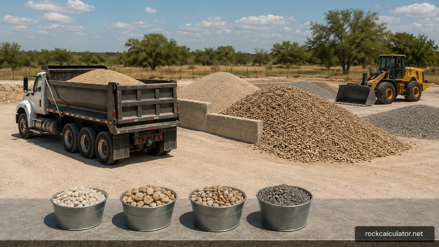 Texas aggregate yard with separate gravel stockpiles, sample buckets, loader, and dump truck