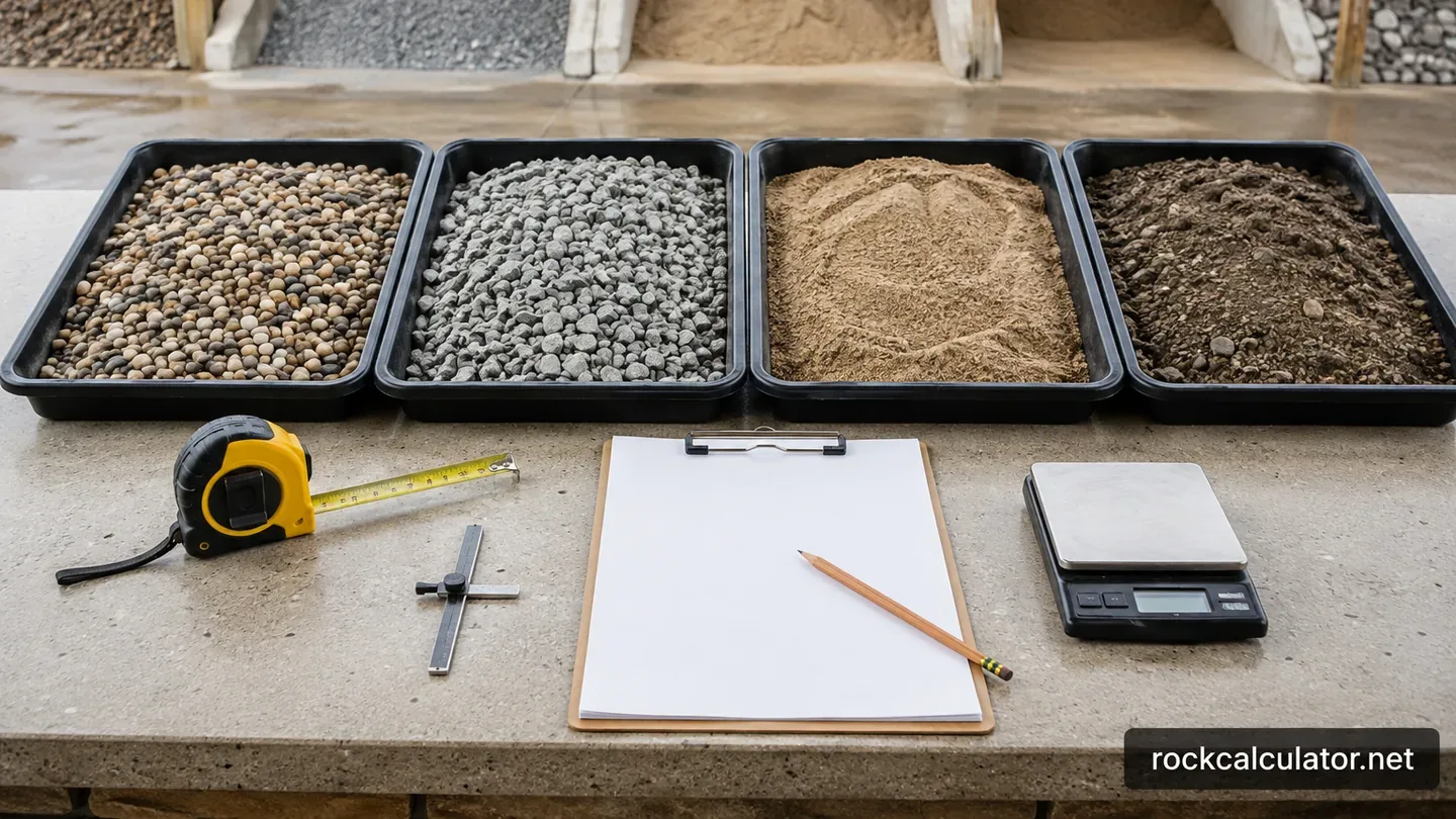 Gravel, crushed stone, sand, and road base samples arranged with measuring tools and a scale