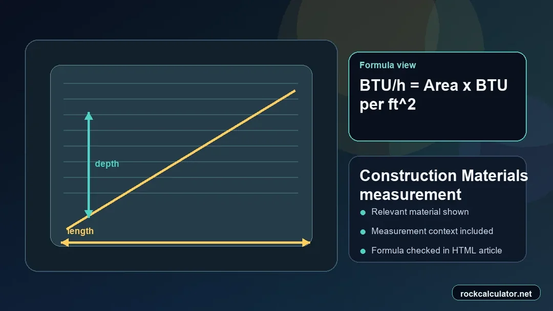 Construction Materials measurement view showing the BTU/h = Area x BTU per ft^2 formula context