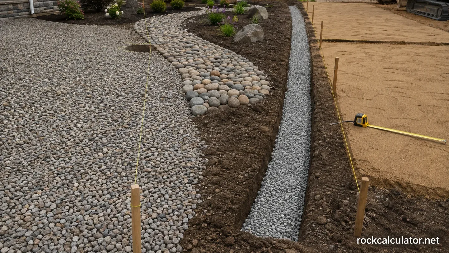 Residential landscape worksite with separate gravel driveway, river rock bed, drainage stone trench, and sand base zones