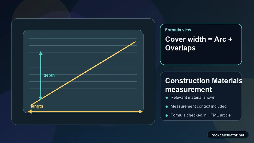Construction Materials measurement view showing the Cover width = Arc + Overlaps formula context