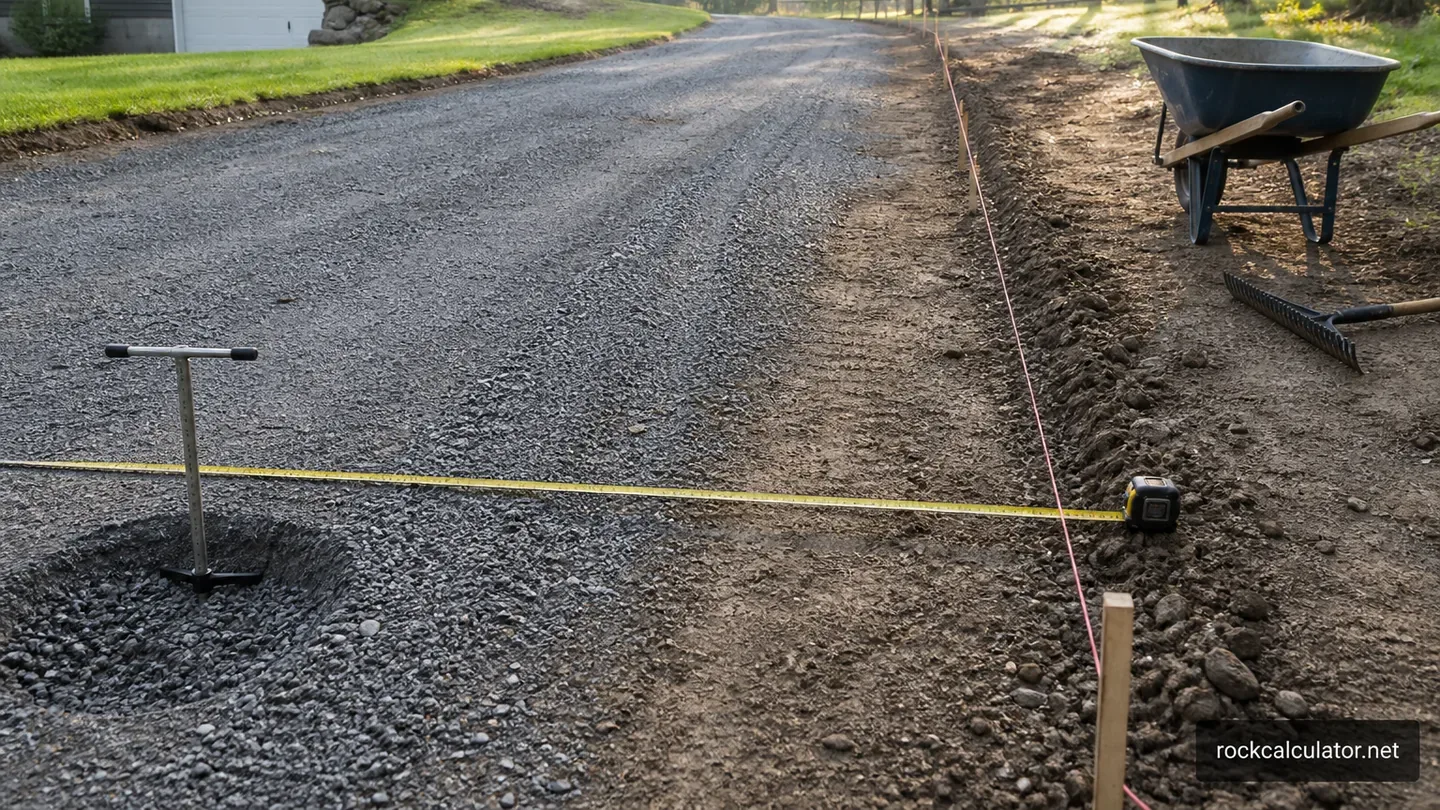 Gravel driveway measured with tape, stakes, and layout string before widening