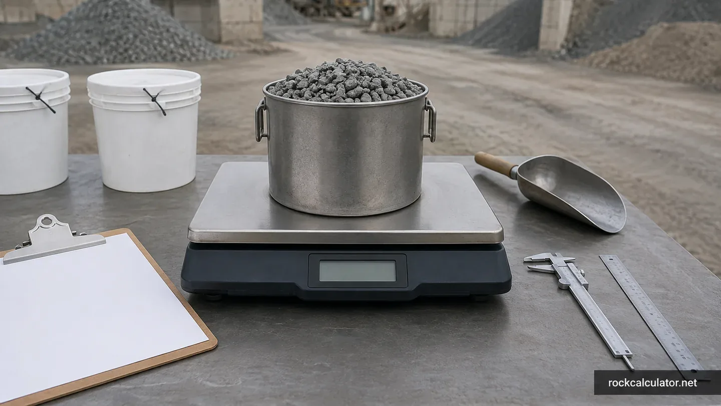 Known-volume aggregate sample on a platform scale at a materials yard