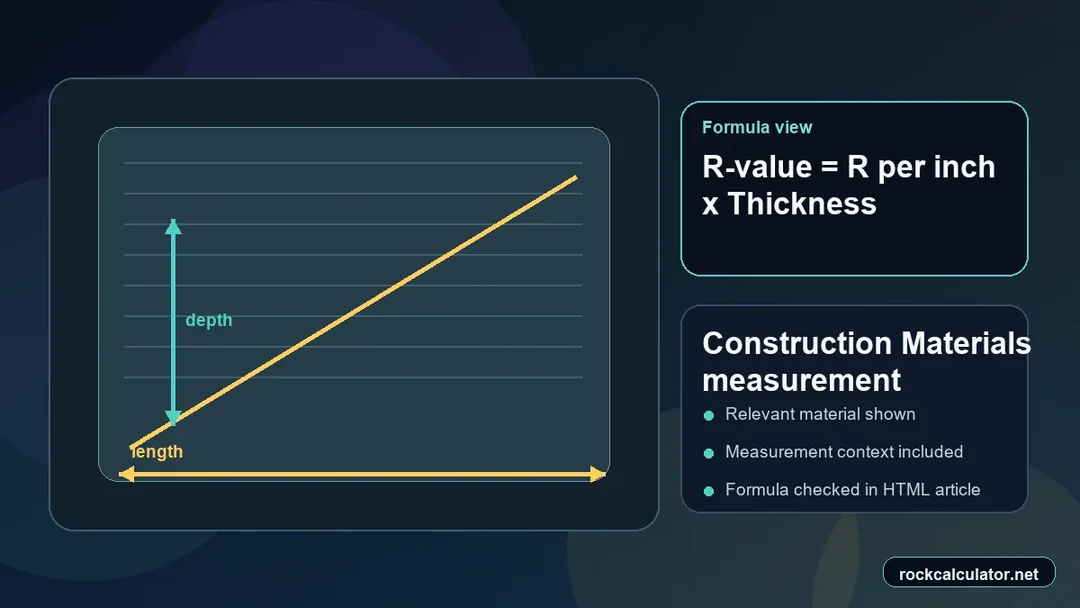 Construction Materials measurement view showing the R-value = R per inch x Thickness formula context