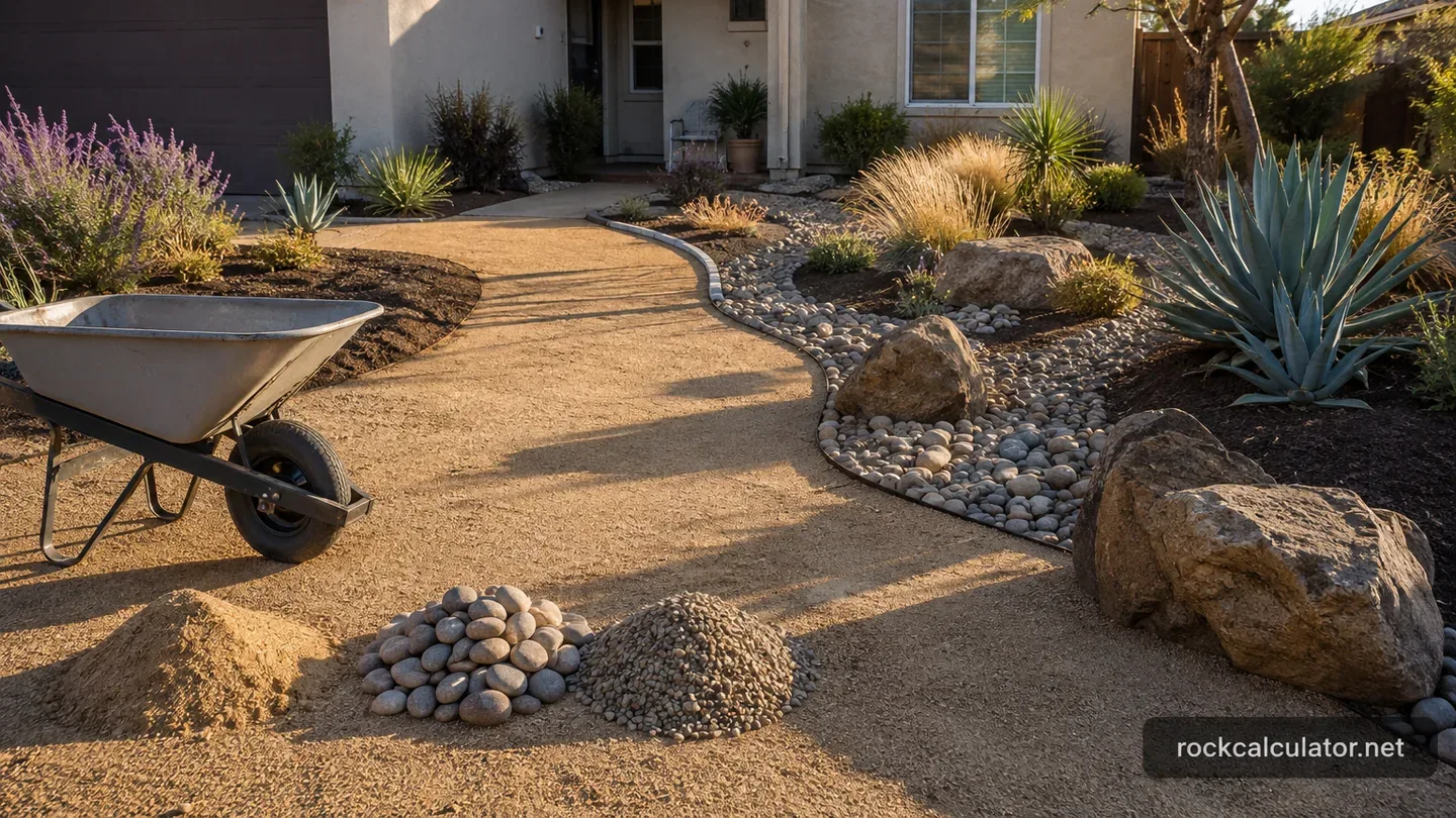 Drought-tolerant California front yard with decomposed granite, river rock, and boulders