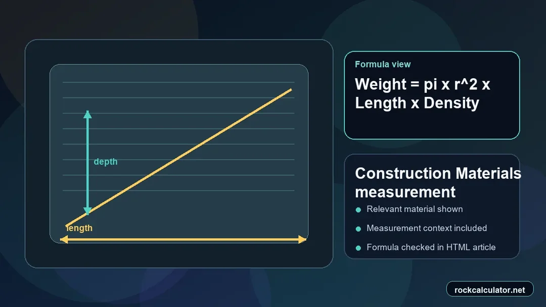 Construction Materials measurement view showing the Weight = pi x r^2 x Length x Density formula context