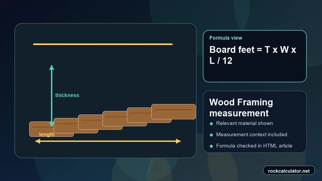 Wood Framing measurement view showing the Board feet = T x W x L / 12 formula context