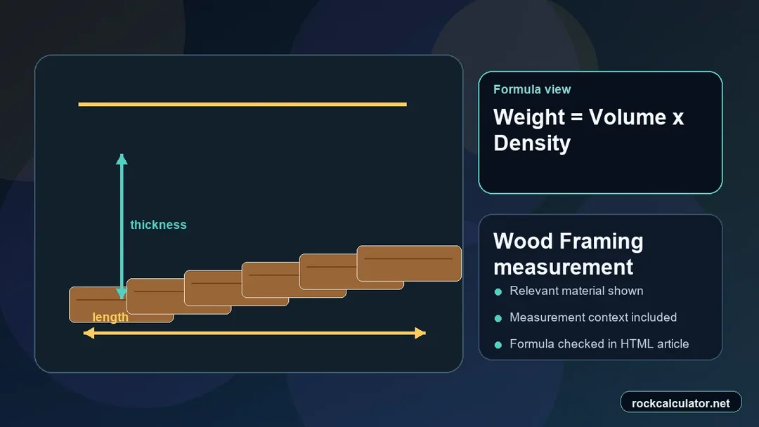 Wood Framing measurement view showing the Weight = Volume x Density formula context
