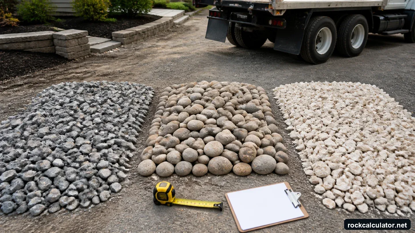 Crushed stone, rounded river rock, and limestone staged side by side with quote notes and a delivery truck
