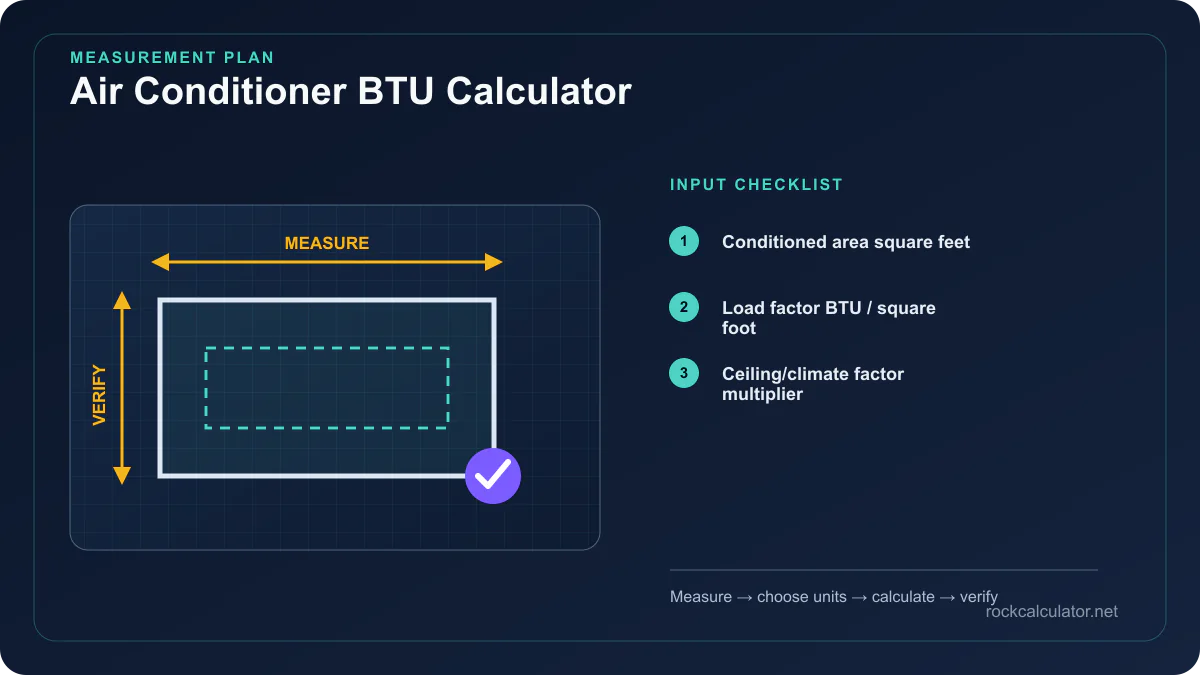Air Conditioner BTU Calculator measurement plan showing Conditioned area square feet, Load factor BTU / square foot, Ceiling/climate factor multiplier