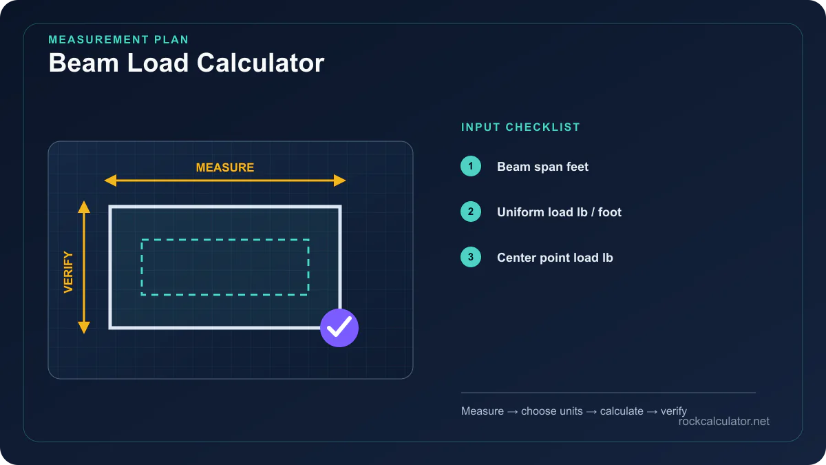 Beam Load Calculator measurement plan showing Beam span feet, Uniform load lb / foot, Center point load lb