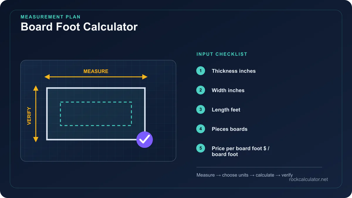 Board Foot Calculator measurement plan showing Thickness inches, Width inches, Length feet