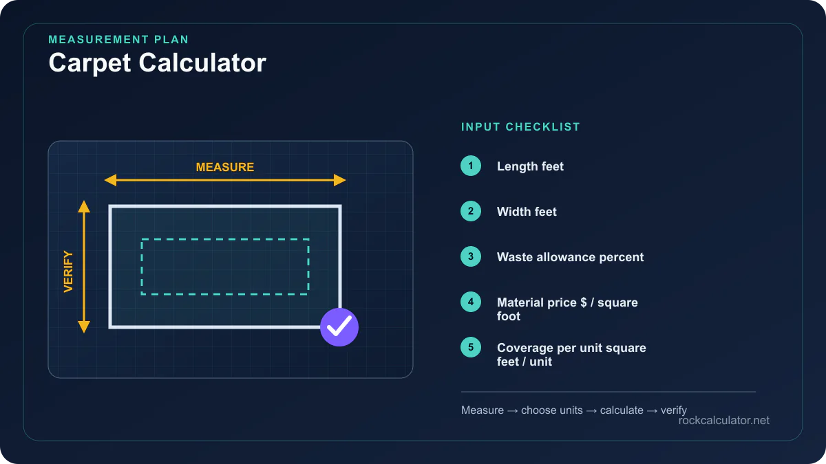 Carpet Calculator measurement plan showing Length feet, Width feet, Waste allowance percent
