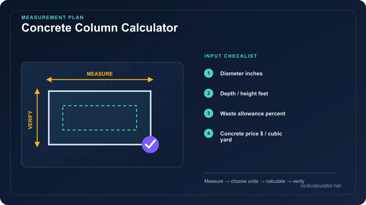 Concrete Column Calculator measurement plan showing Diameter inches, Depth / height feet, Waste allowance percent