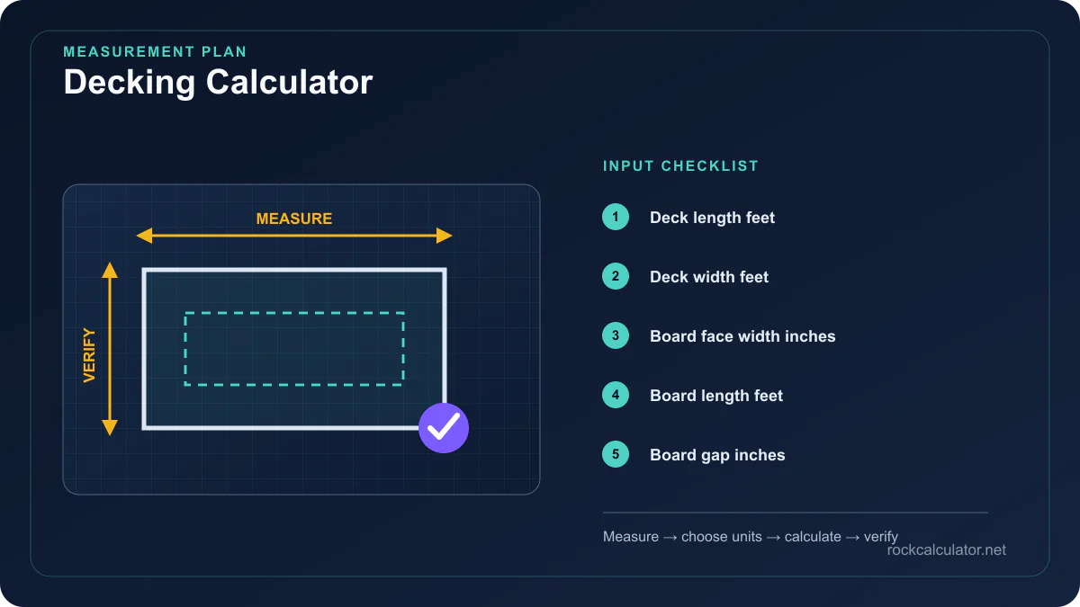 Decking Calculator measurement plan showing Deck length feet, Deck width feet, Board face width inches