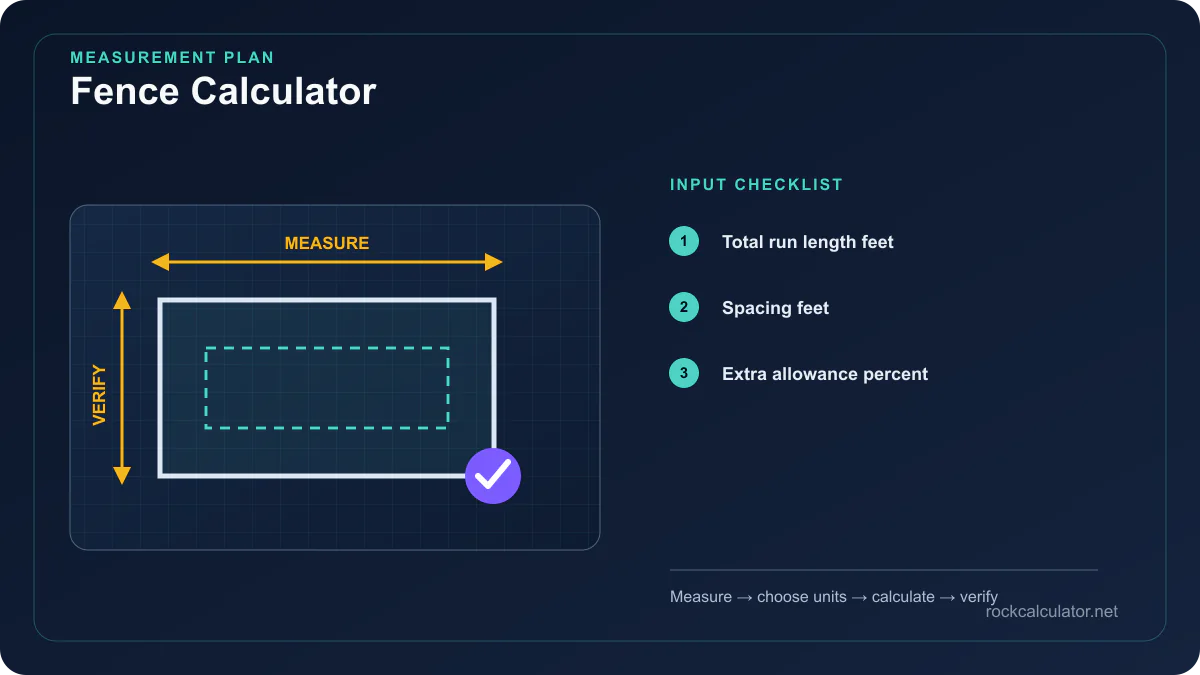 Fence Calculator measurement plan showing Total run length feet, Spacing feet, Extra allowance percent