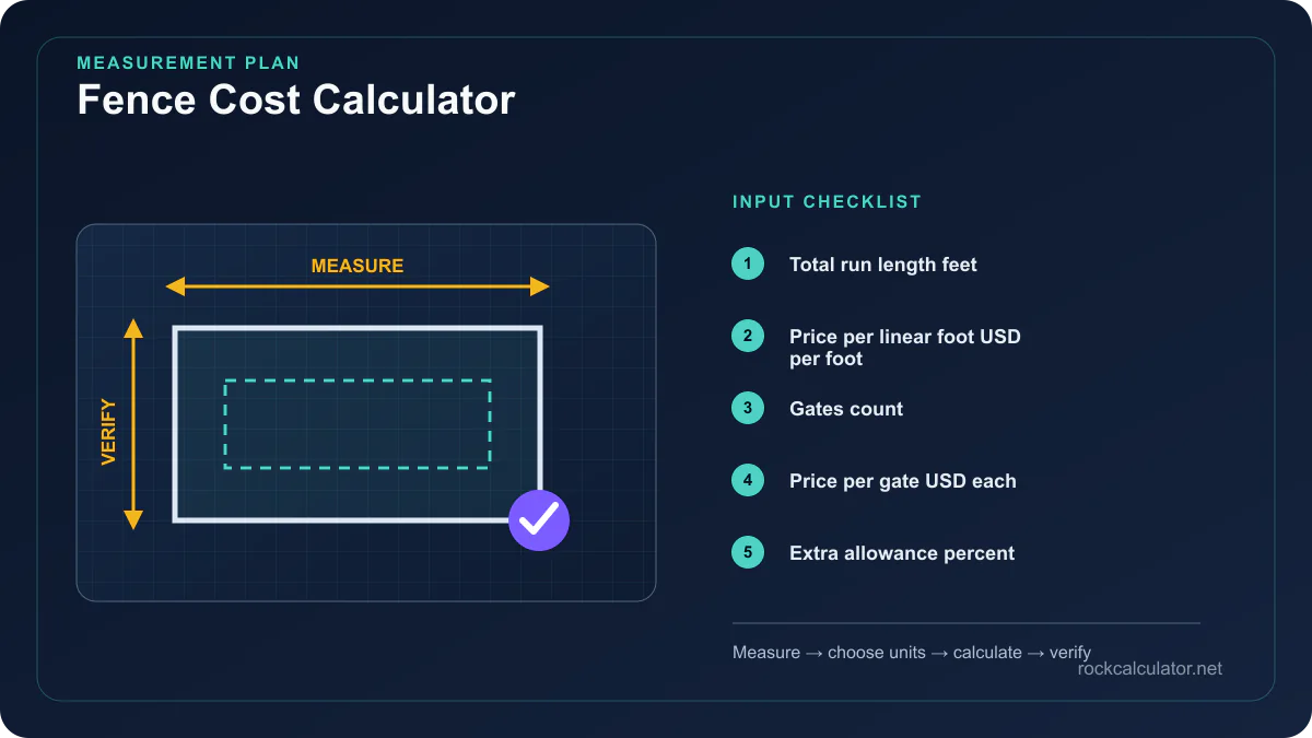 Fence Cost Calculator measurement plan showing Total run length feet, Price per linear foot USD per foot, Gates count