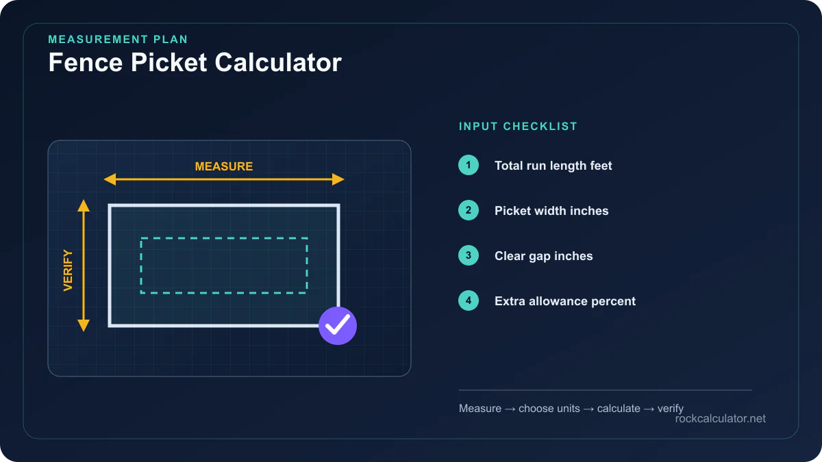 Fence Picket Calculator measurement plan showing Total run length feet, Picket width inches, Clear gap inches