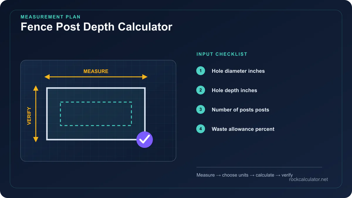 Fence Post Depth Calculator measurement plan showing Hole diameter inches, Hole depth inches, Number of posts posts