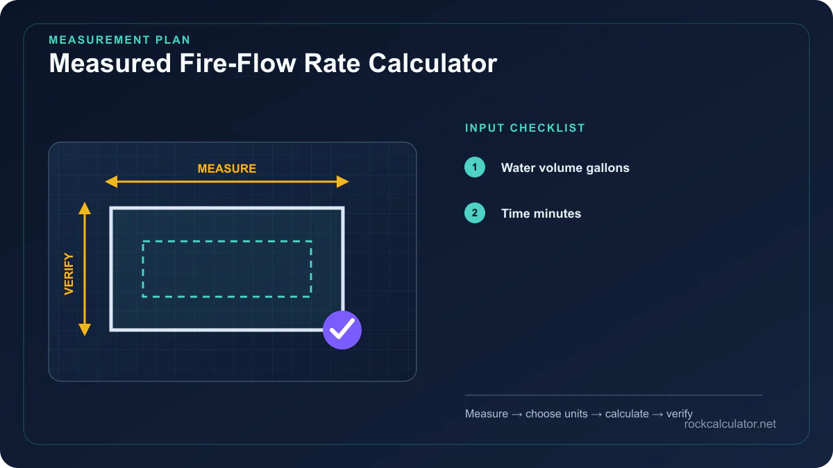 Measured Fire-Flow Rate Calculator measurement plan showing Water volume gallons, Time minutes